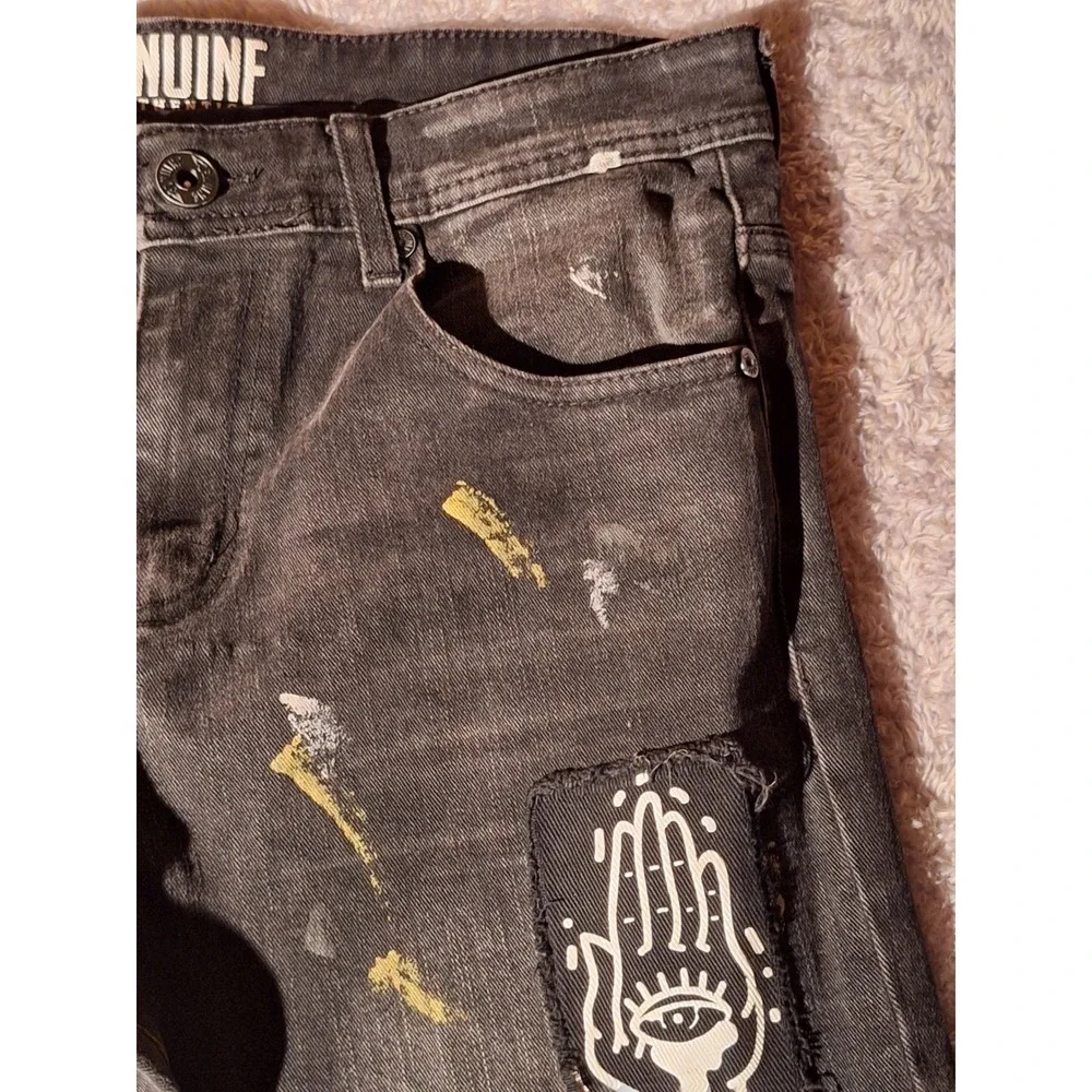 GENUINE AUTHENTIC Black Wash Jeans with Patches Slim Fit Men's 32W x 32L Grunge